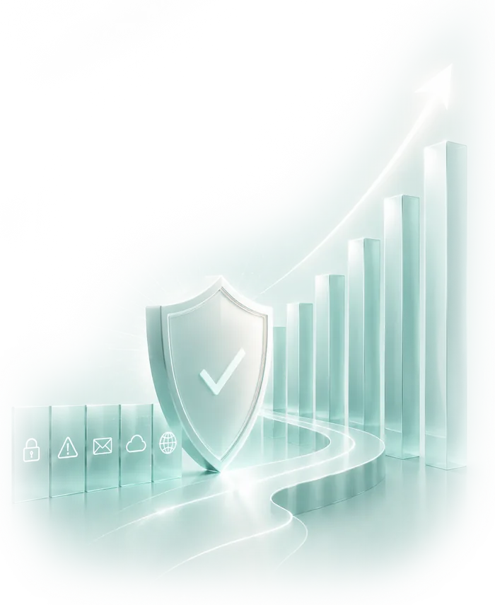 A glass shield with a checkmark in front of a rising bar chart, blocking a row of threat tiles