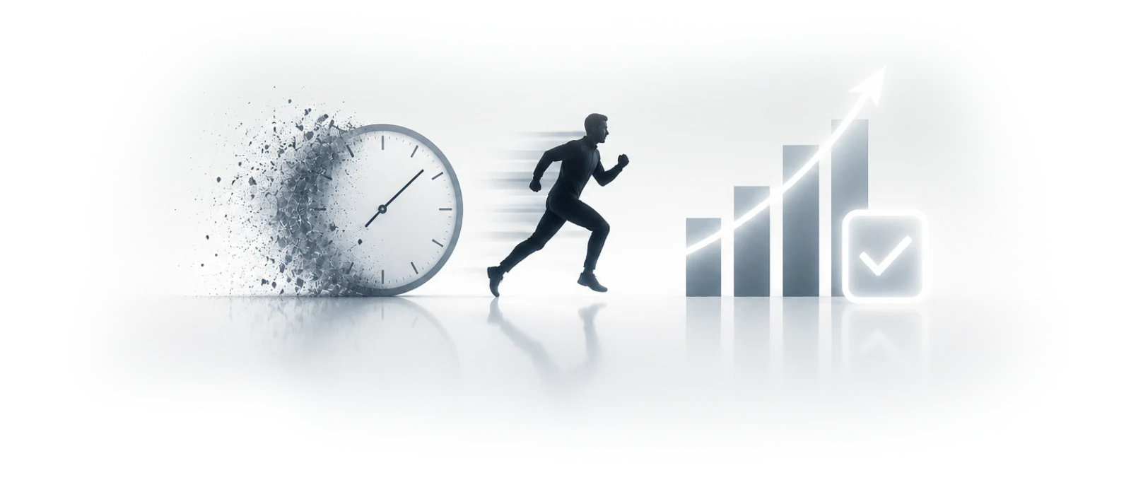 A shattering clock, a sprinting figure and a rising bar chart with a completed checkmark
