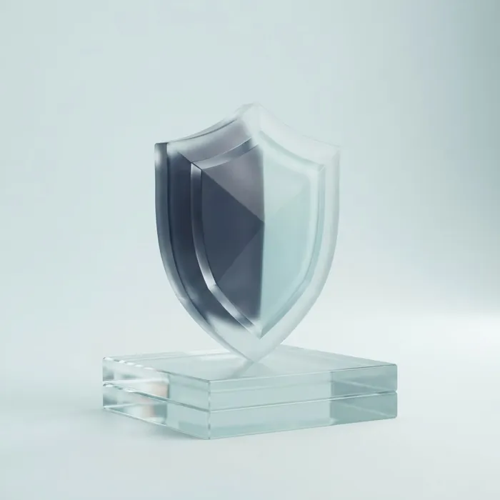 A shield sculpted from frosted cut glass on a foundation of glass blocks