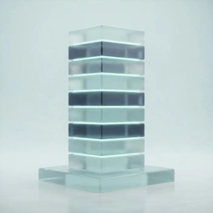 A tower of frosted glass server blocks with seams of mint light