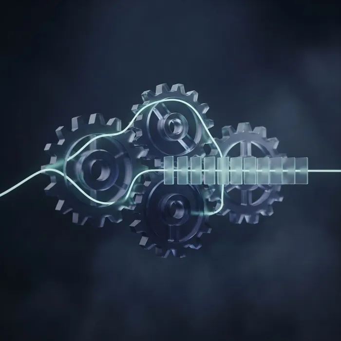 Interlocking crystal-glass gears carrying a thread of mint light